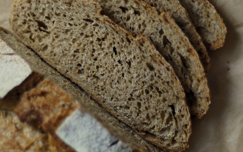 Sourdough bread slices, showing airy crumb and crispy crust. baked with freshly milled flour.