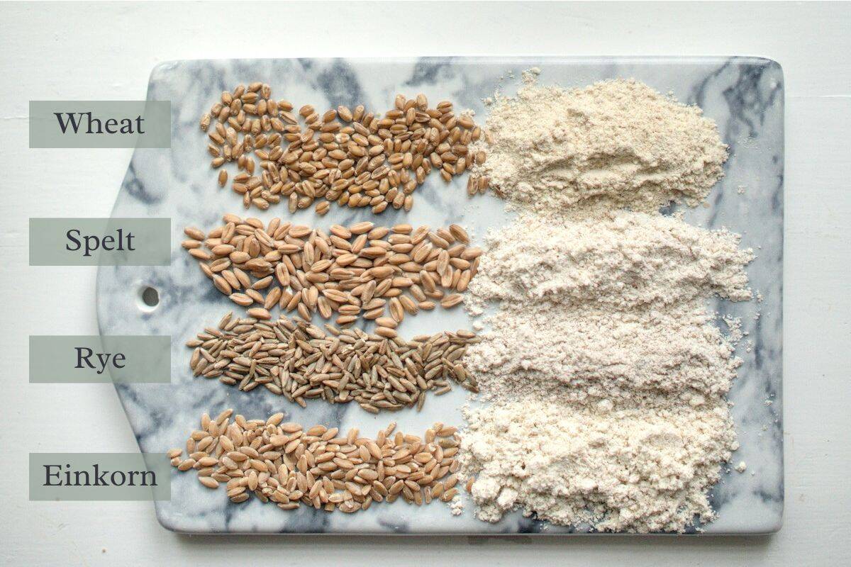marble chopping board with labeled grains on the left and the resulting flour on the right