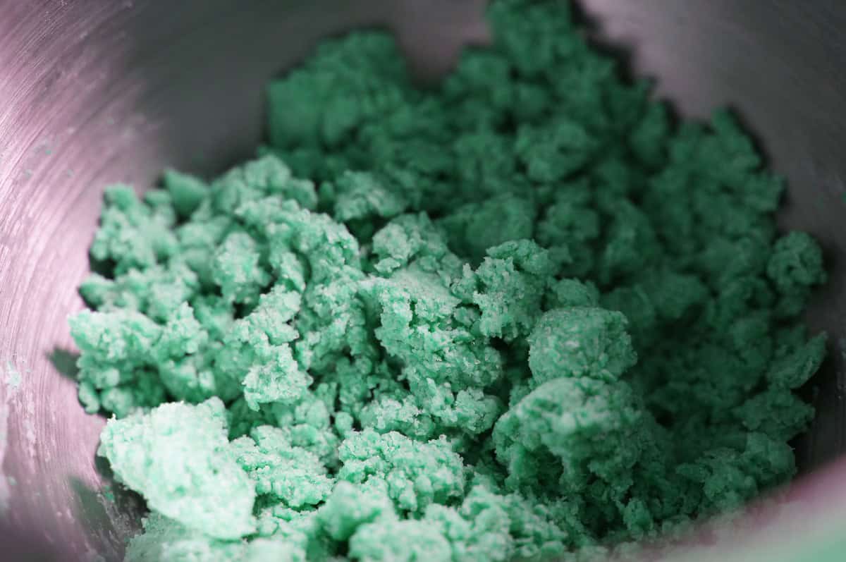 Closeup of crumbly dough before autolyse