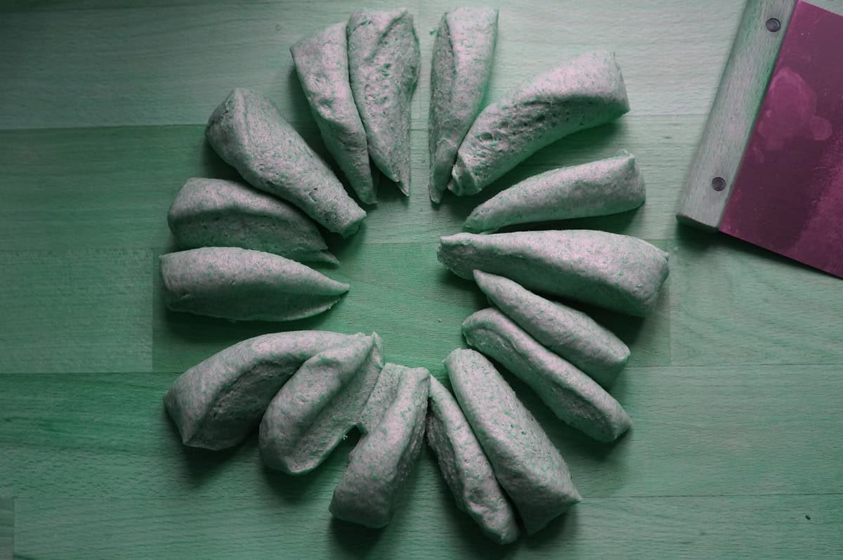 finished dough divided into 16 equal pieces