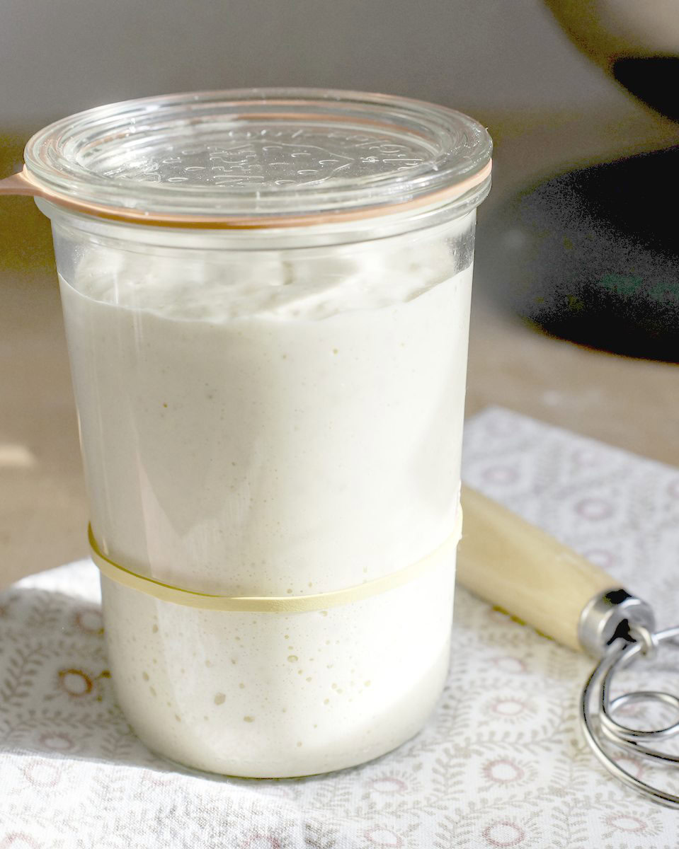 A jar of bubbly sourdough starter with a danish dough whisk, placed on an intricately patterned tea towel. Sunlight is streaing in from the side, highlighting all the bubbles of the starter