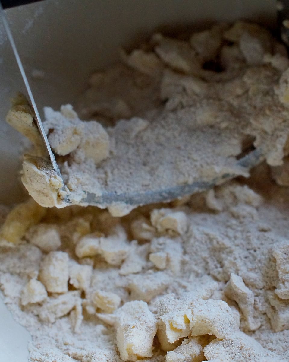 closeup of butter being cut into flour with a pastry blender, showcasing the large butter cubes being just broken down