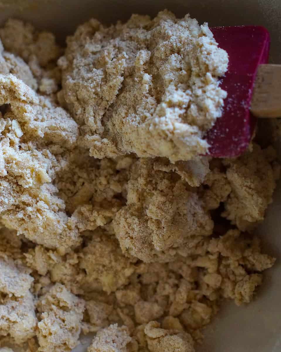 closeup of sourdough pie crust dough being stirred with a red silicone spatula
