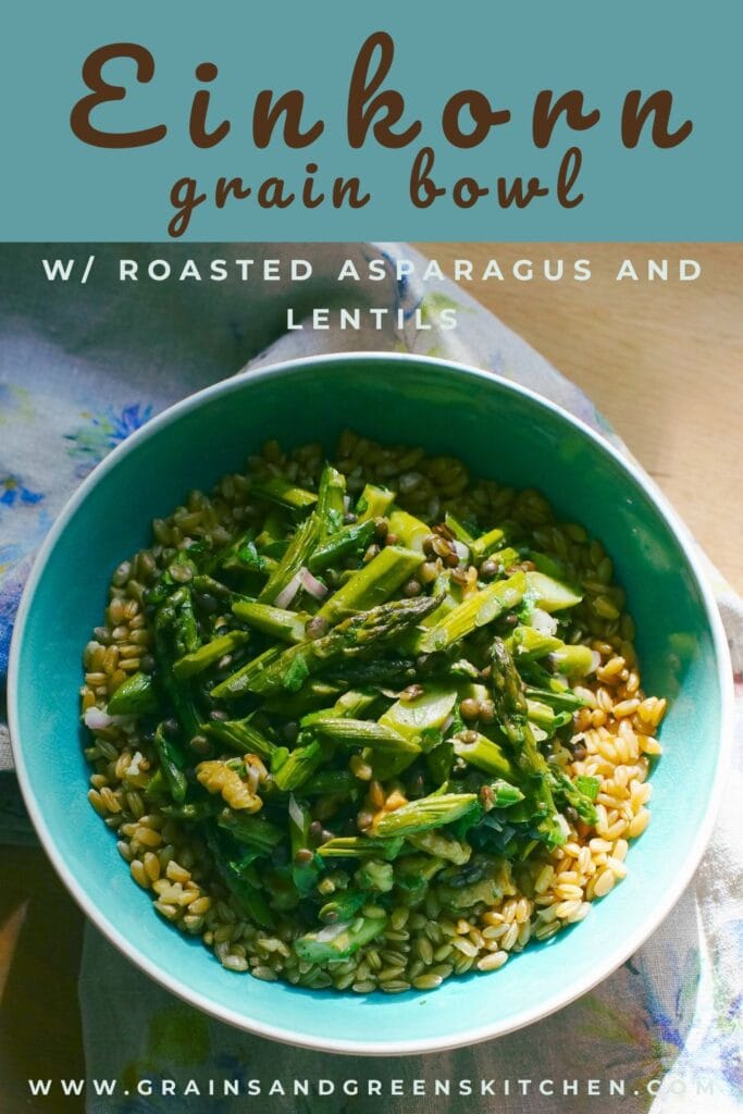 PIN image: Einkorn grain bowl with roasted asparagus, black beluga lentils, and toasted walnuts on a blue plate.