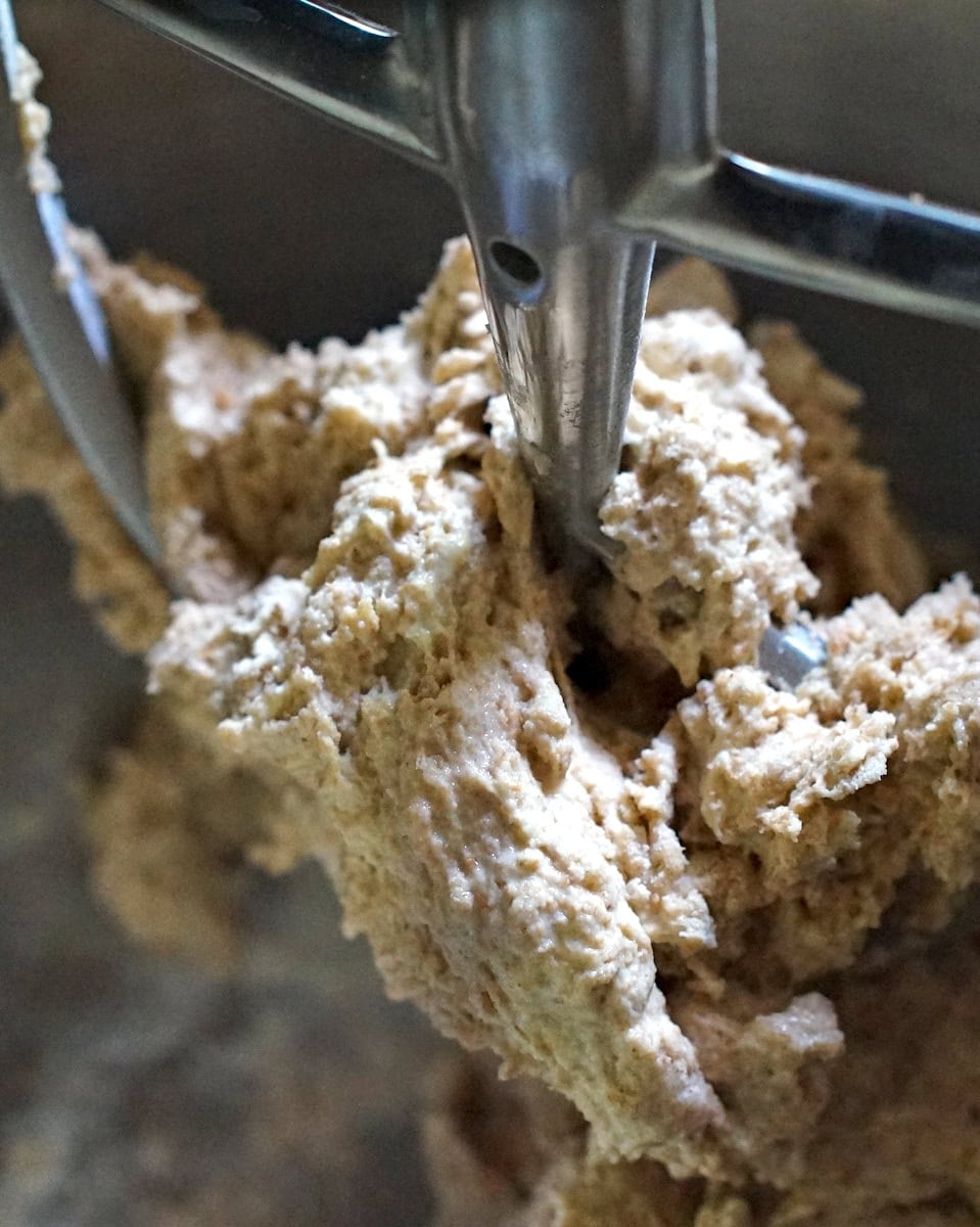 closeup of pre mixed, shaggy dough, clinging to a paddle attachment