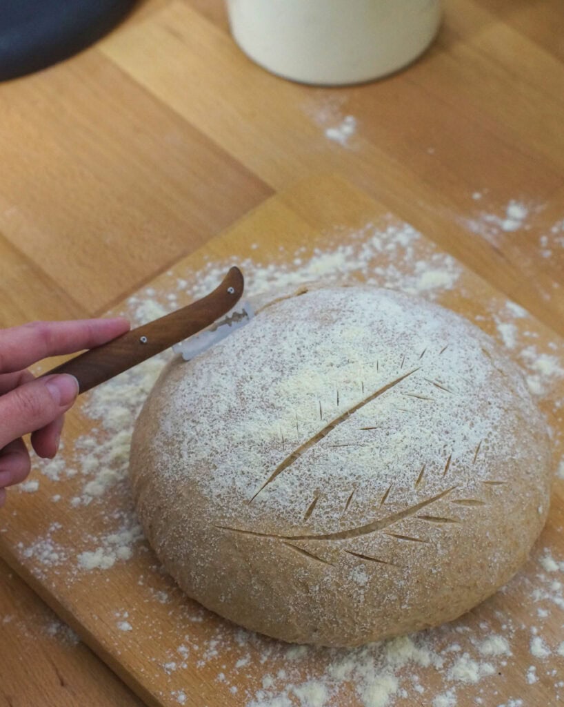 a hand holding a sharp bakers knife making a deep expansion slash on the side of a round ball of sourdough bread dough