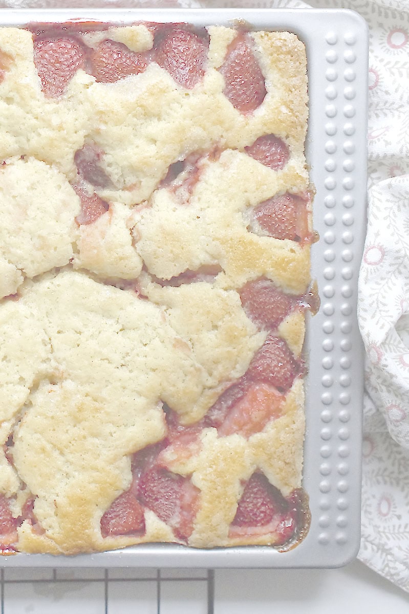 Close-up of baked strawberry sourdough cake in the pan, with jammy berries nestled in golden crumb.