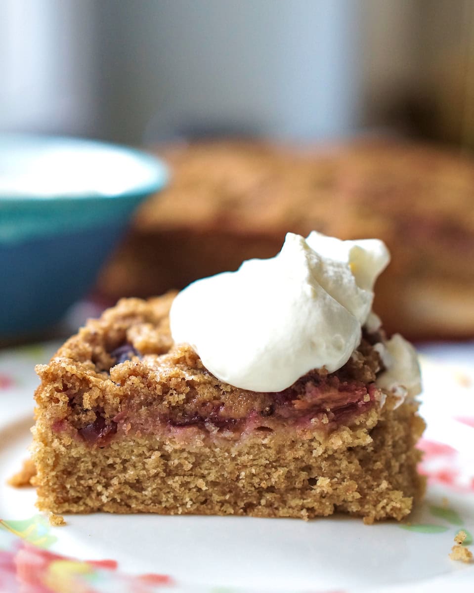 A piece of cardamom-spiced spelt damson buckle is served on a floral plate, topped with bright white whipped cream.