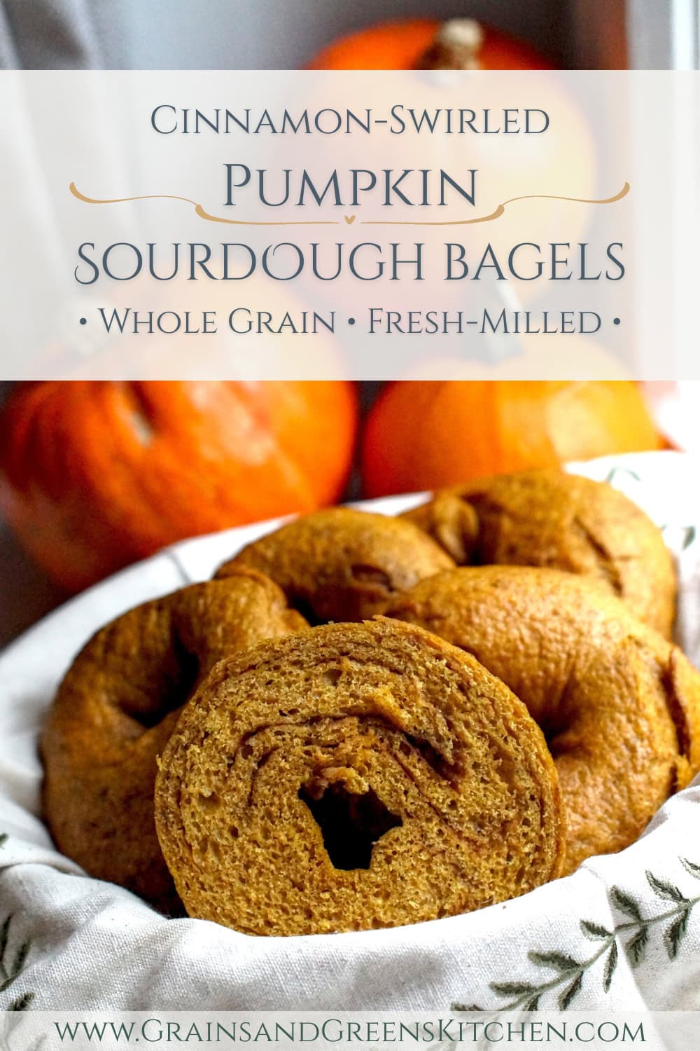 Whole grain fresh-milled pumpkin sourdough bagels served in a basket lined with an embroidered linen cloth. One bagel is split to expose the dark brown cinnamon sugar swirl.