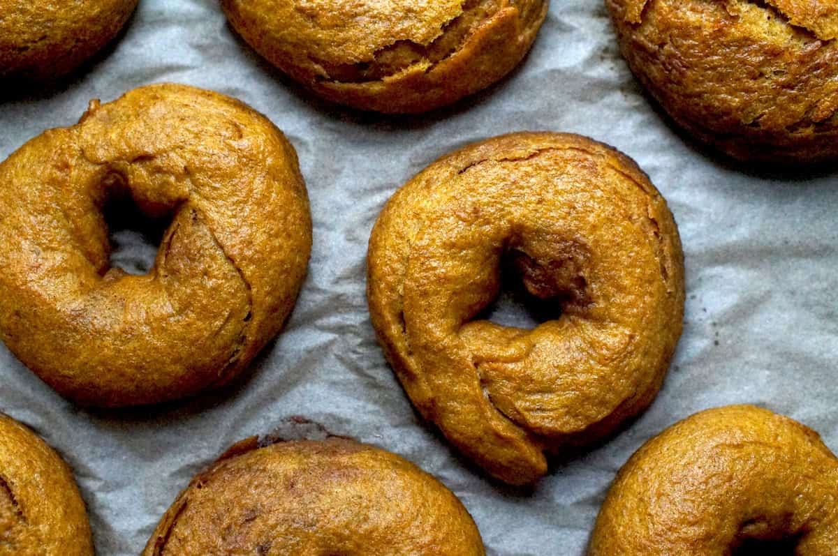 Golden brown fresh-milled cinnamon-swirled pumpkin sourdough bagels, baked to perfection, resting on a parchment lined baking tray. The perfect combination of cinnamon-roll and whole grain bagel!