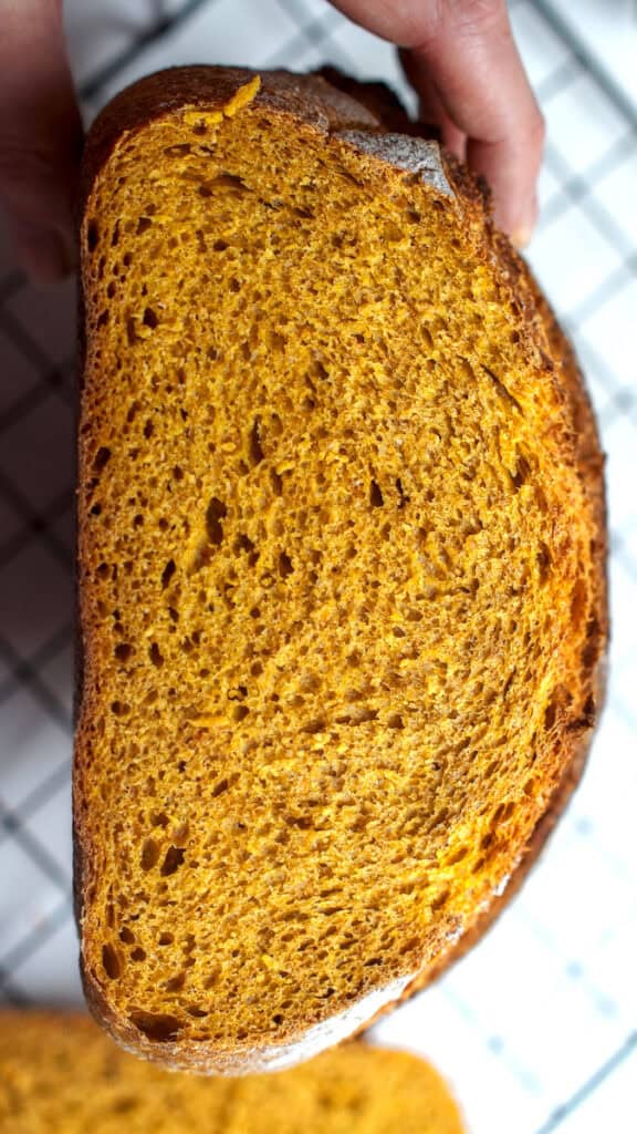 A hand holding half a pumpkin sourdough bread up towards the camera to show off the vibrant orange whole wheat crumb.