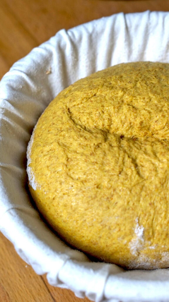 Shaped sourdough pumpkin bread dough sitting in a lined banneton basket on a wooden work top.