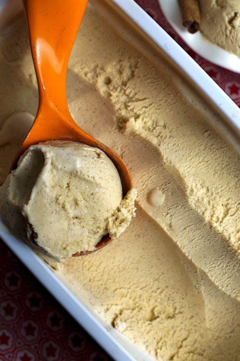 A container holding an ice cream scoop with a scoop of cinnamon ice cream on it, placed on a red-star tea towel.