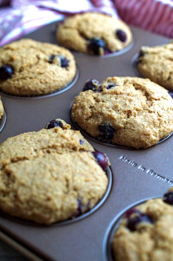 Close-up of golden, domed sourdough blueberry muffins in a pan, with crispy tops and juicy blueberries baked to perfection.