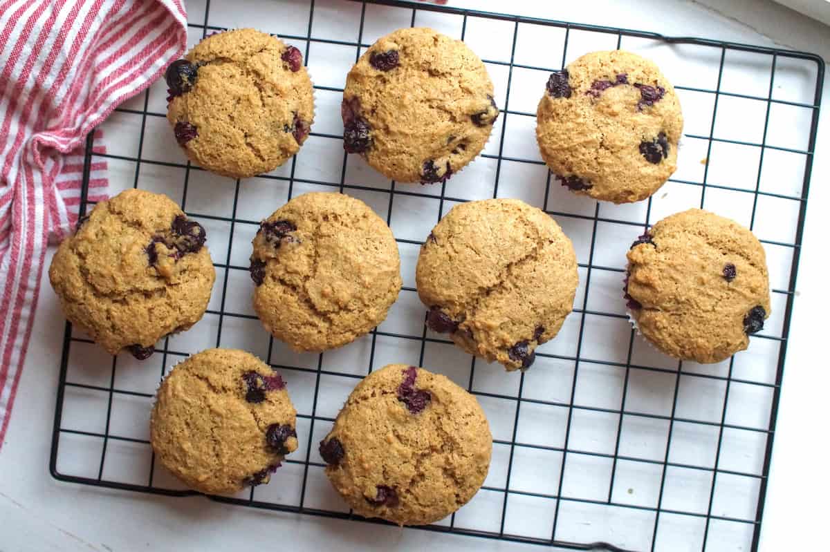Aerial shot of sourdough blueberry muffins on a black wire rack, with juicy dark berries on the crispy tops, set on a rustic white wooden surface with a striped tea towel.