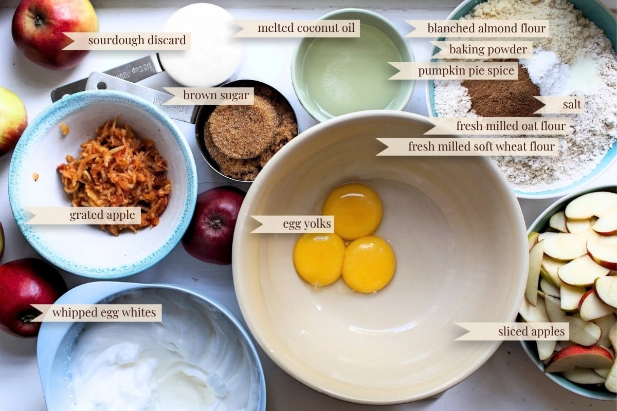 Overhead view of all the ingredients for sourdough discard apple cake laid out on a white worktop.